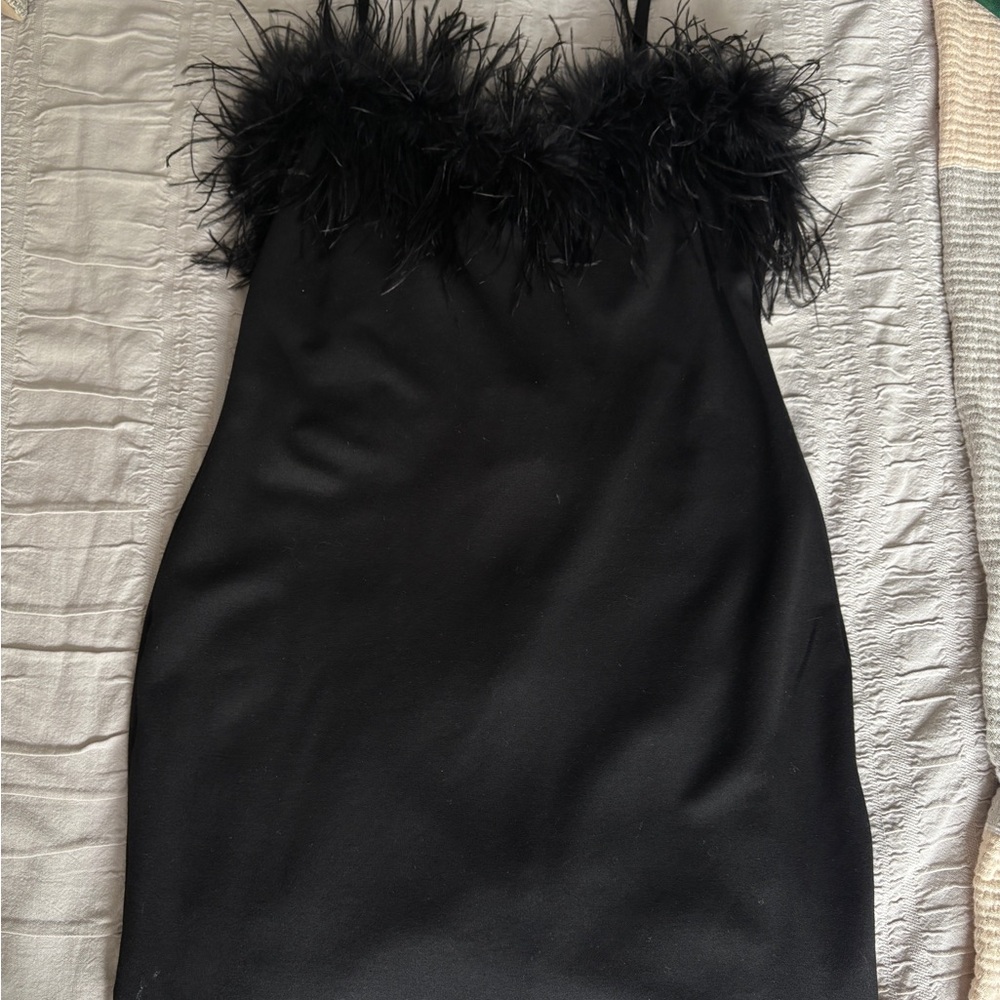 Hot & Delicious Black Feather Trim Mini Dress